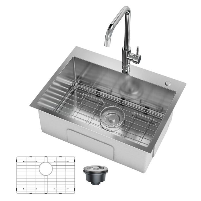VFCLAR Évier cuisine inox 304 à poser avec robinet douchette grille de fond et bonde panier