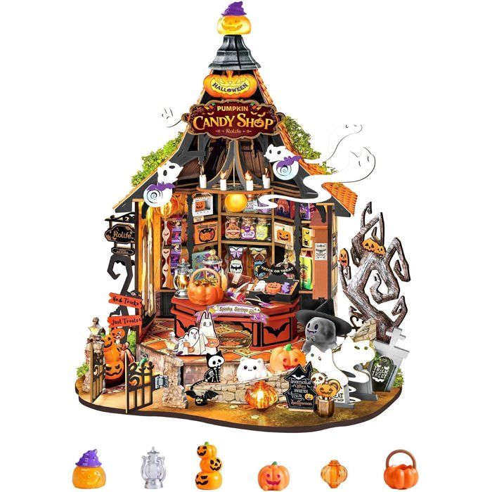 Puzzle 3D en bois - ROBOTIME - DG186 - Maison hantée Halloween bonbons - 364 pièces - Éclairage LED intégré