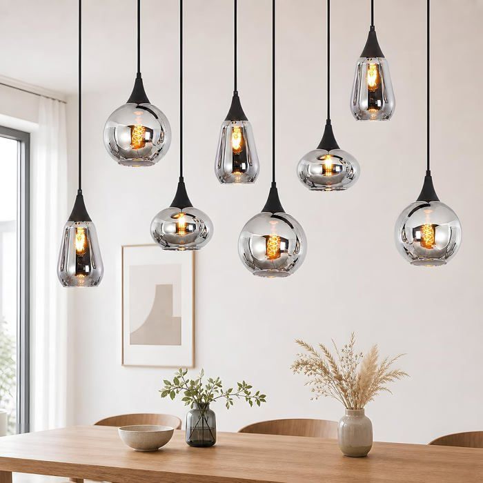Lustre suspension - NETTLIFE - Modèle rétro - E27 8 lampes - Verre gris fumé - Hauteur réglable