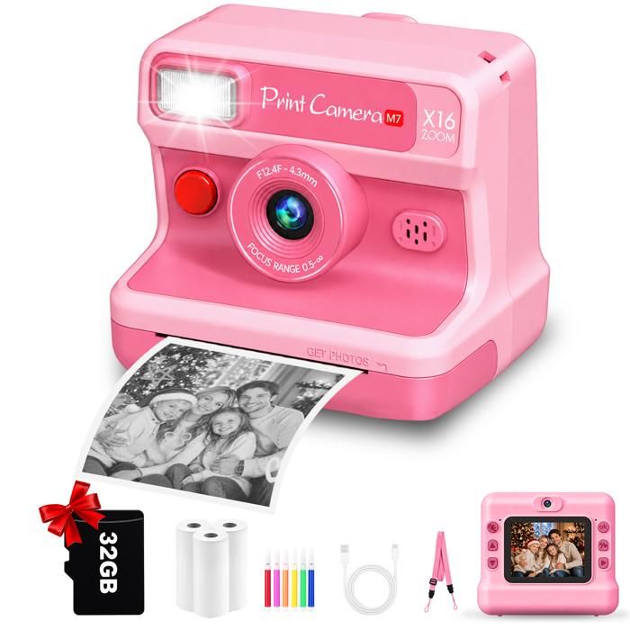 AIMIUVEI Appareil Photo Enfant Impression Instantanée Modes selfie et vidéo Carte 32 Go Jeux/Musique Jouet Fille Garçon 3-8 Ans