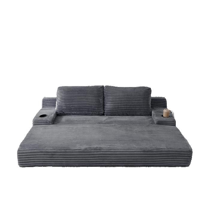Canapé-lit convertible 2 places 170 x 180 cm pliant avec porte-gobelets poches latérales et 2 coussins gris JOINERY