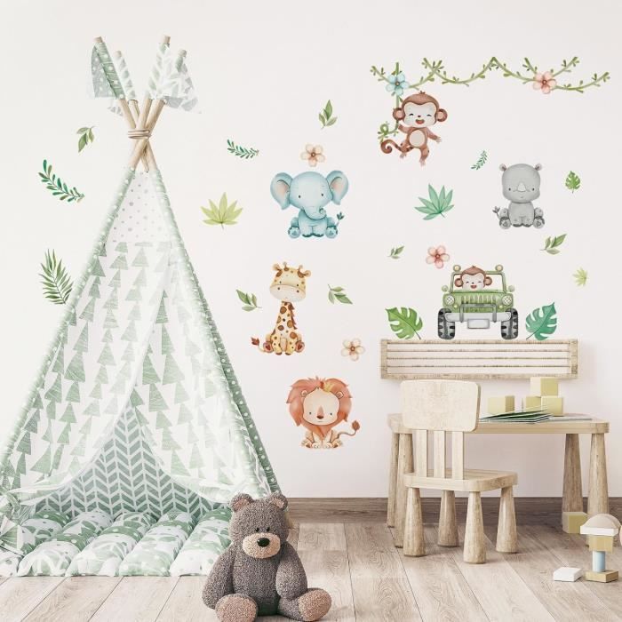 DECOWALL SG2-2419 Stickers Muraux Animaux De La Jungle Et Vignes Pour Enfants Bébés Garçons Filles Salon Chambre D'enfant Décoration De La Maison Pour Chambre à Coucher Salle De Jeux Lion Singe Koala