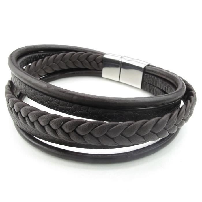 Bracelet Homme En Cuir Noir Tressé - Fermoir Acier Inoxydable - Cadeau élégant Pour Père, Mari, Anniversaire - 8
