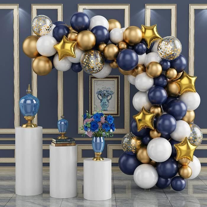Kit d'arche de ballon, 100pcs Blue Balloon Garland Kit Décoration de fête d' anniversaire, bleu marine Chrome Gold & Ballons de confettis, ballons d' anniversaire pour le mariage