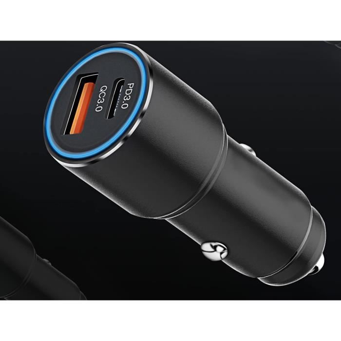 Chargeur Voiture 36W USB C PD Et QC 3.0 - Pour IPhone 14/13/12/11 Et Samsung - Avec Câble USB C Vers Lightning