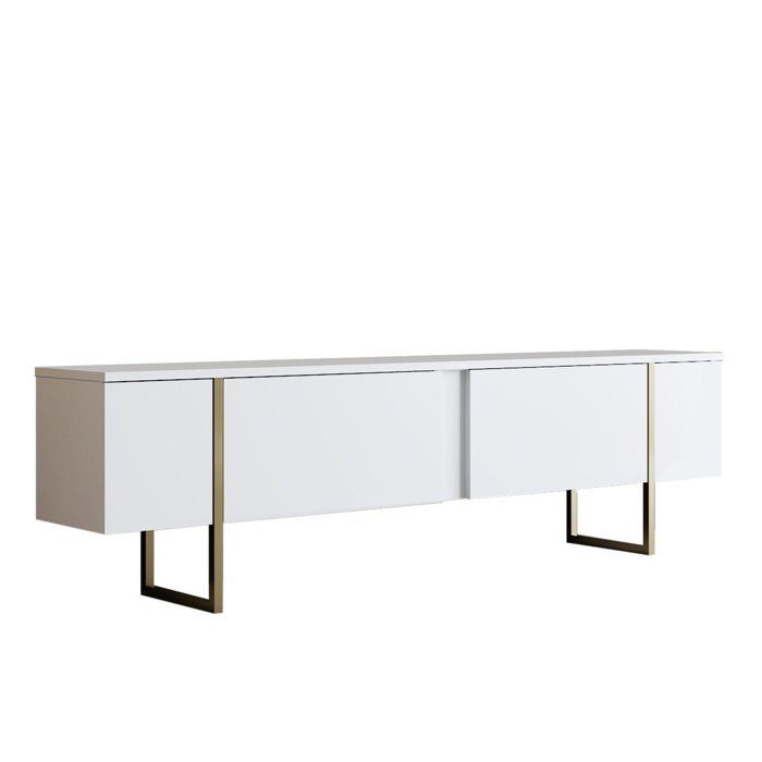 CALICOSY - Meuble TV 2 portes rabattables L180 cm - LUXE - Blanc/ Or CALICOSY - Meuble TV 2 portes rabattables L180 cm - LUXE - Blanc/ Or