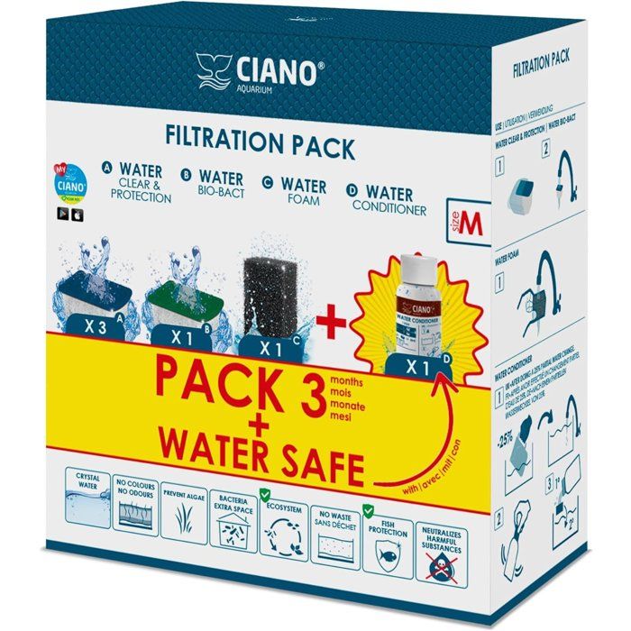 Pack entretien aquarium - CIANO - Taille M - 3 cartouches - Conditionneur - Traitement eau