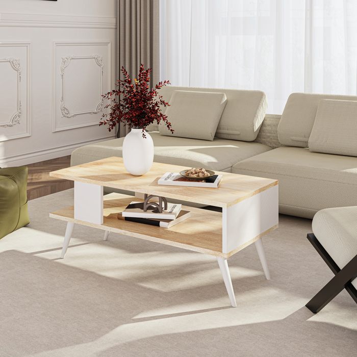 Table basse Lycksele avec espace de rangement 40 x 90 x 45 cm effet chêne - blanc [en.casa]