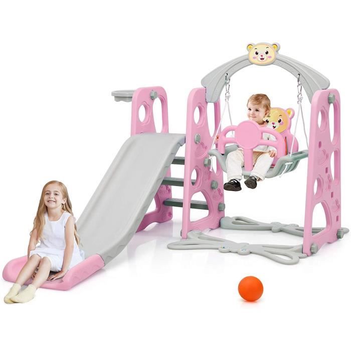 Goplus Toboggan Pour Enfants Aire De Jeux 3 En 1 Avec Echelle Panier De Basket Balle Comprise Et Balancoire Pour Enfants1 6ans Rose Cdiscount Jeux Jouets