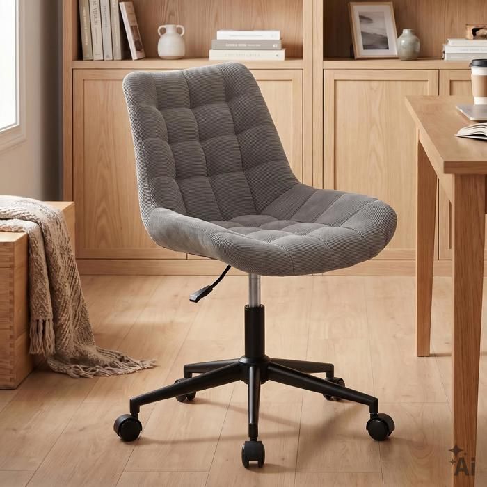 Chaise de bureau VASILO Fauteuil en Velours Côtelé Gris avec Piétement en Métal Laqué Noir Assise Réglabe en Hauteur