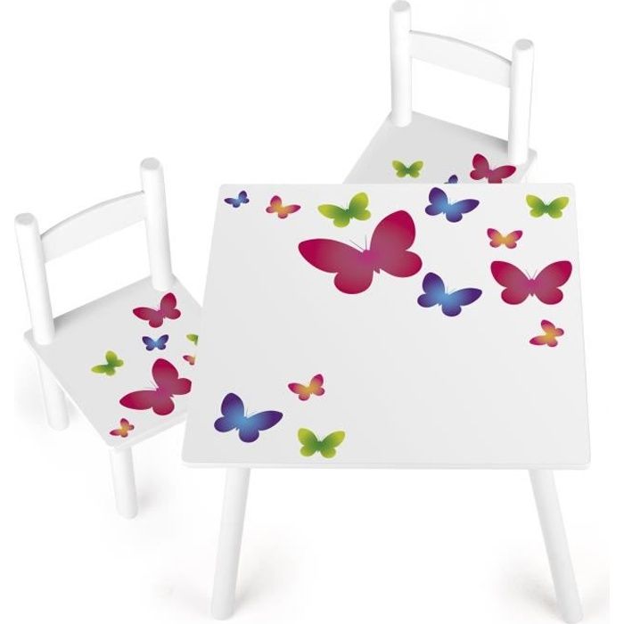 table enfant leomark - motif papillons - blanc - 2 places - bois - laqué