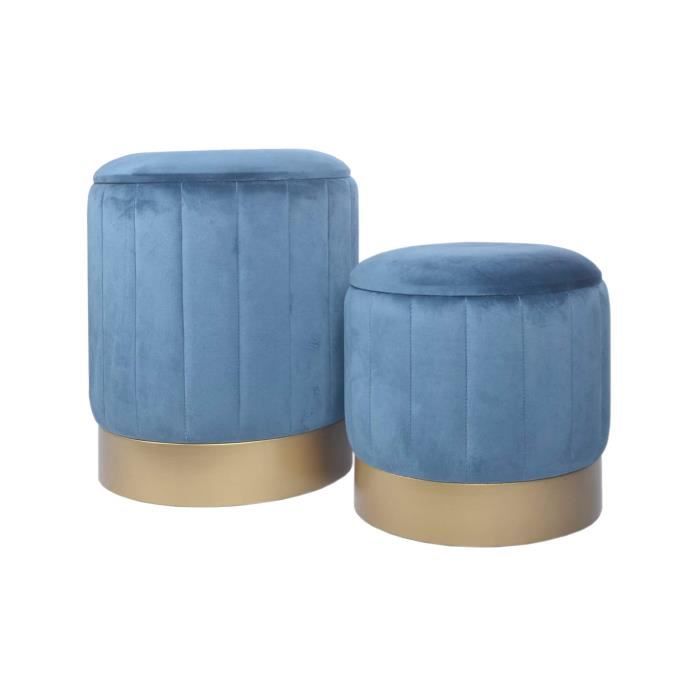 rebecca mobili lot de 2 tabourets pouf avec rangement bleu pour salon