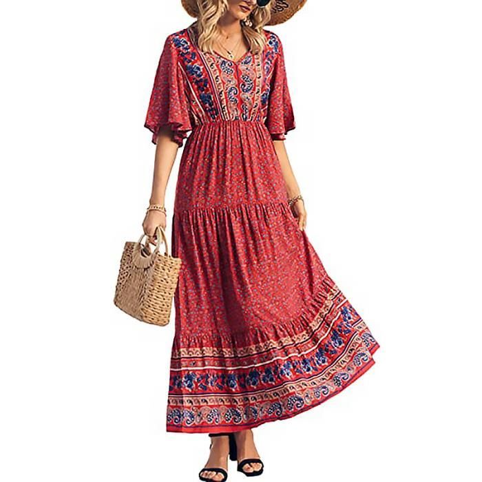 MessBebe Robe Bohème Femme Col V Longue - Robe Été Automne Élégante Ceinturée