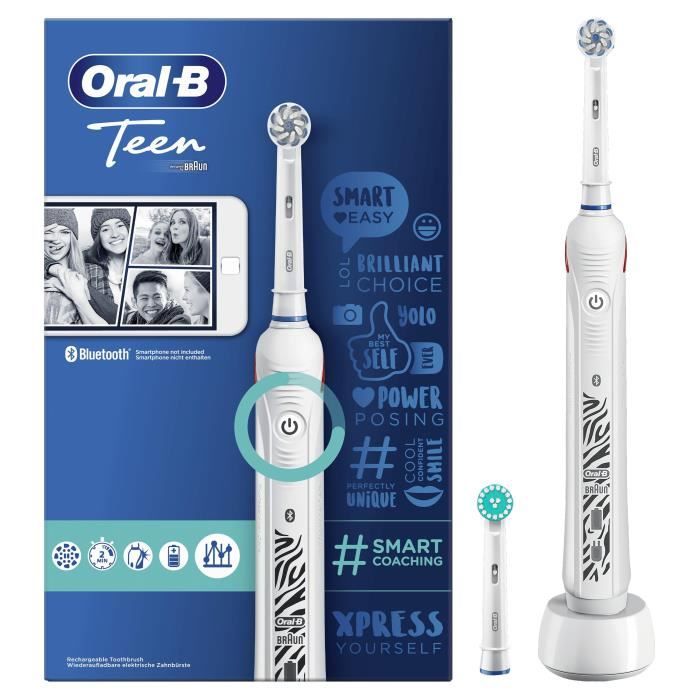 Oral-B Teen Brosse à Dents Électrique Rechargeable, 1 Manche, 1 Brossette, Technologie 3D, Élimine jusqu’à 100 % plaque dentaire