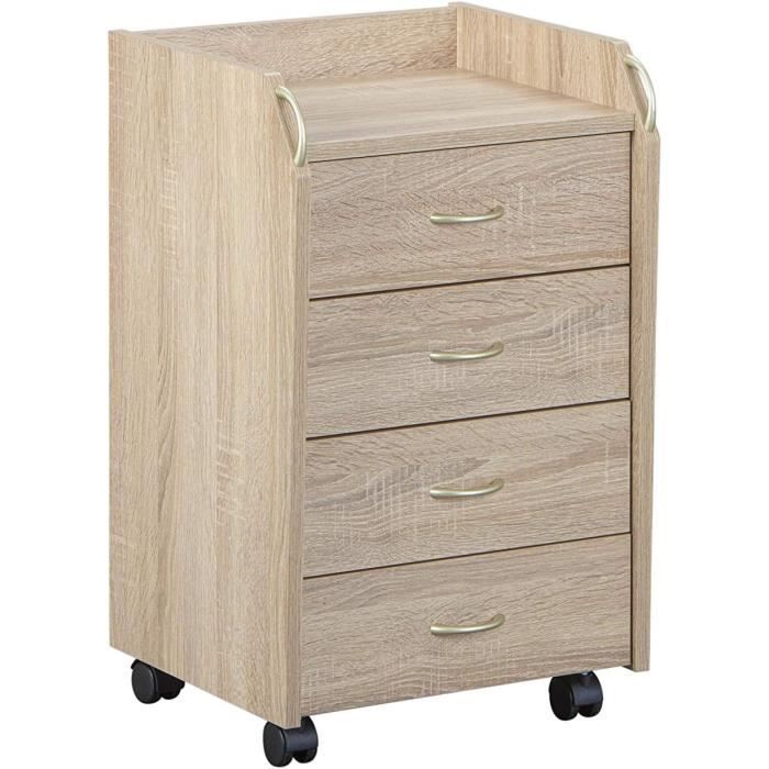 caisson de bureau 4 tiroirs sur roulettes meuble rangement mobile vernis lxpxh: 40x36x65 cm décor chne sonoma novi[j115]