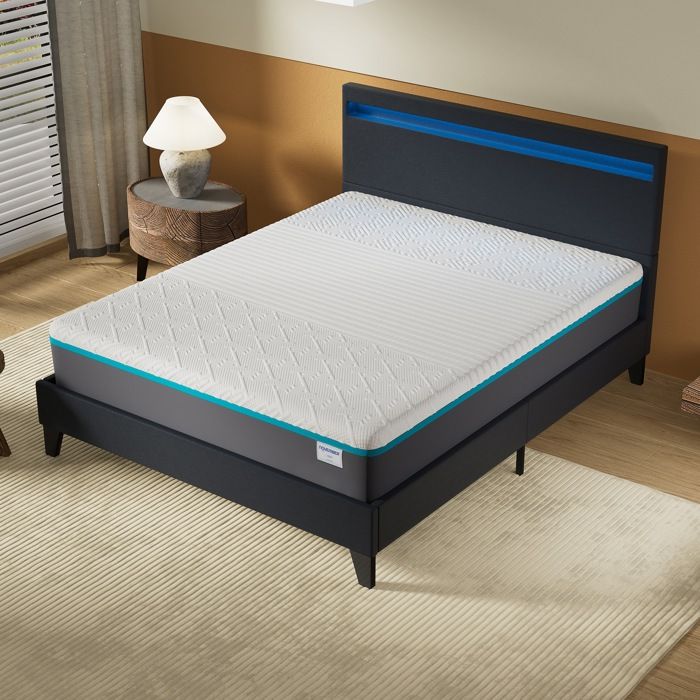 Ensemble MATELAS + LIT (140x190cm)- YPSILON (ÉQUILIBRÉ) 28cm Latex Naturel & Mémoire de Forme + Sommier & tête de lit LED Noir
