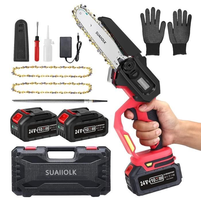 Mini Tronçonneuse à Batterie 6 Pouces 880W - 2 Batteries + 3 Chaînes - Sans Fil
