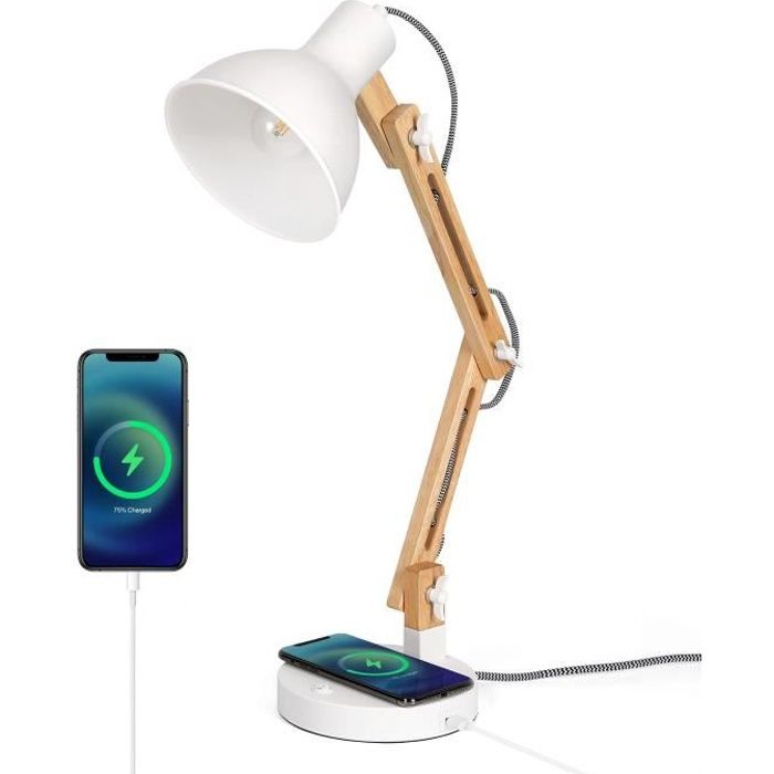 Lampe de Bureau en Bois avec Chargeur Sans Fil, Lampe de Lecture LED avec  Connexion de Charge USB, Lampe de Table Bras Réglable - Cdiscount Maison
