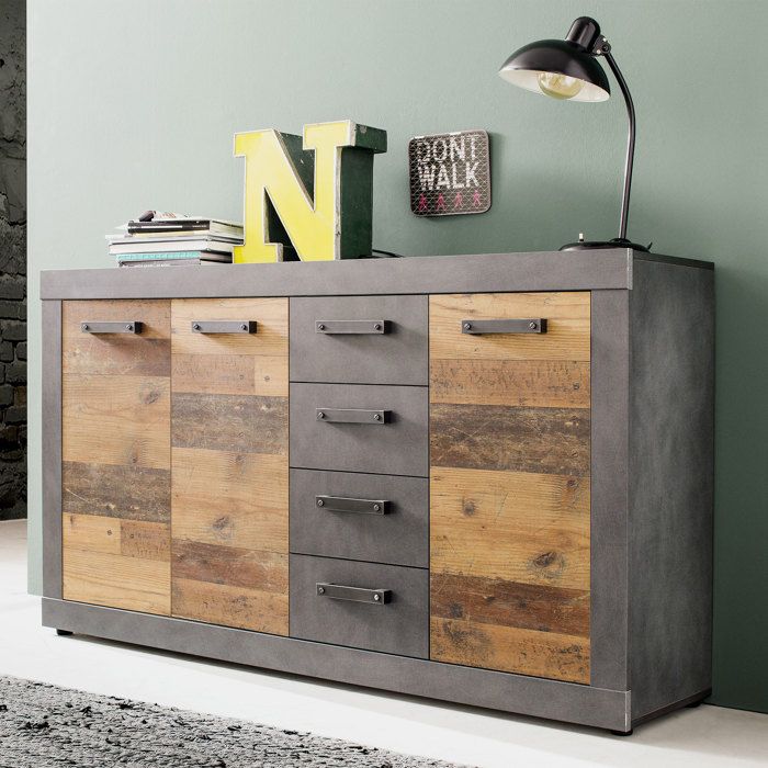 INDY - Meuble chambre. Commode avec 4 tiroirs en mélaminé coloris gris ciment portes bois effet vieilli. L - H - P : 151 - 86 - 37 INDY - Meuble chambre. Commode avec 4 tiroirs en mélaminé coloris gris ciment portes bois effet vieilli. L - H - P : 151 - 86 - 37