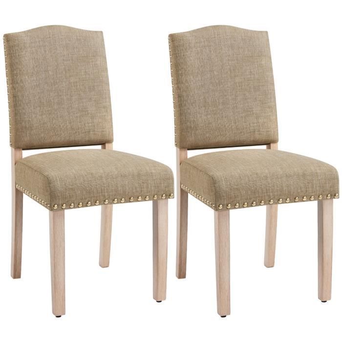 Lot de 2 Chaises de Salle à Manger Haut Dossier - Sièges Rembourrés Pieds Bois Massif Boutons Bronzés - Kaki - YAHEETECH