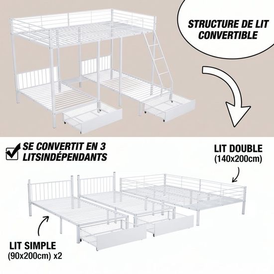 Lit Superposé Triple 3 En 1 - 1 Lit Double + 2 Lits Simples, Avec Table De Chevet (Blanc, 140x200 Cm + 70x140 Cm) - 2