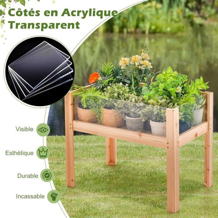 Carré Potager En Bois Avec Clôture Grillage - Jardinière Surélevée 107x107 Cm Pour Balcon Et Jardin