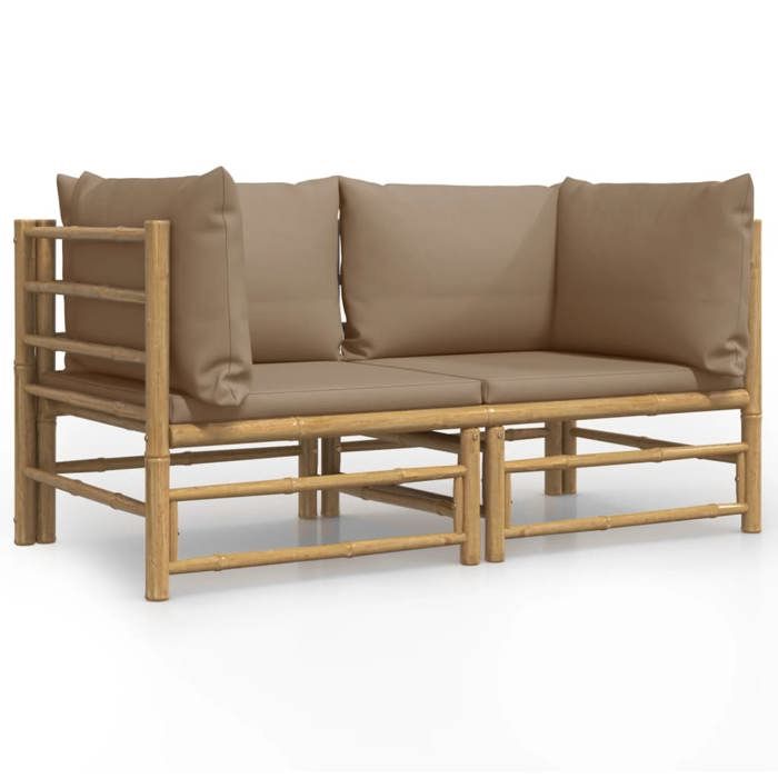 Salon De Jardin En Bambou 2 Places Avec Coussins Taupe - Canapé, Table Basse, Modulable - 2