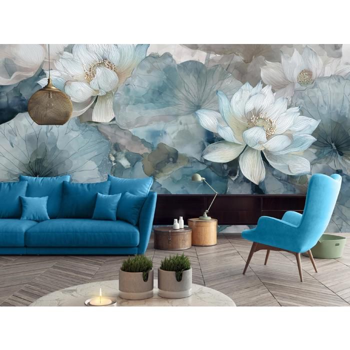 Papier Peint Intissé Panoramique Fleurs Bleu Béton 300x210 cm ...