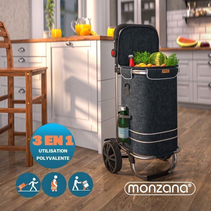 Chariot De Courses MONZANA 56L Gris - 3en1 Pliable Avec Compartiment Isotherme - Poignée Réglable