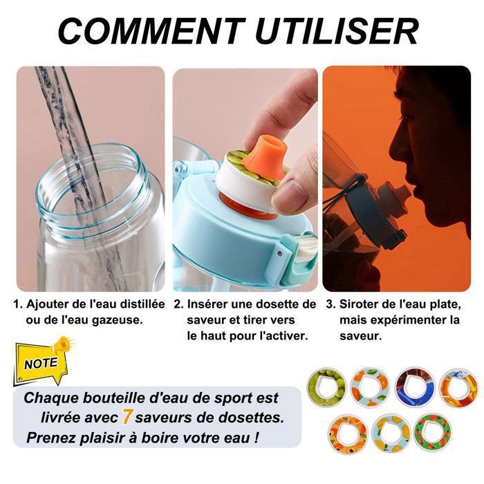 1 bouteille d'eau aromatisée à l'air avec 1 dosette à saveur aléatoire, bouteille d'eau parfumée pour sport, 0 saveurs de sucre, anneau, tasse d'eau pour l'extérieur