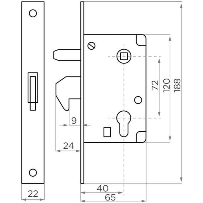 Serrure à Crochet Encastrée KeyMet 72/40 – Pour Porte Coulissante, Portail – Argent