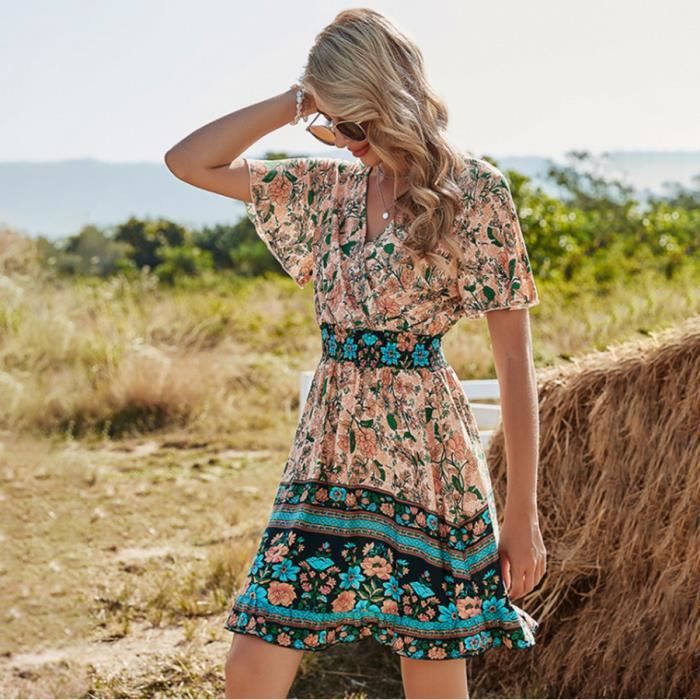 Femme Robe Boheme d ete Courte Chic Robe d ete sans manches Robe Casual Rose Cdiscount Pret a Porter