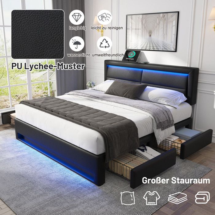Lit 140x190 CM avec 4 Tiroirs - NHHF - avec LED et USB - Lit Coffre Lit 140x190 CM avec 4 Tiroirs - NHHF - avec LED et USB - Lit Coffre