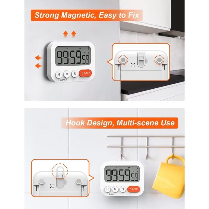 Lot De 4 Minuteries Numériques De Cuisine - Compte à Rebours, Magnétiques, Avec Écran LCD - Pour Cuisine, Devoirs, Sport (Blanc, Rose, Bleu, Vert)