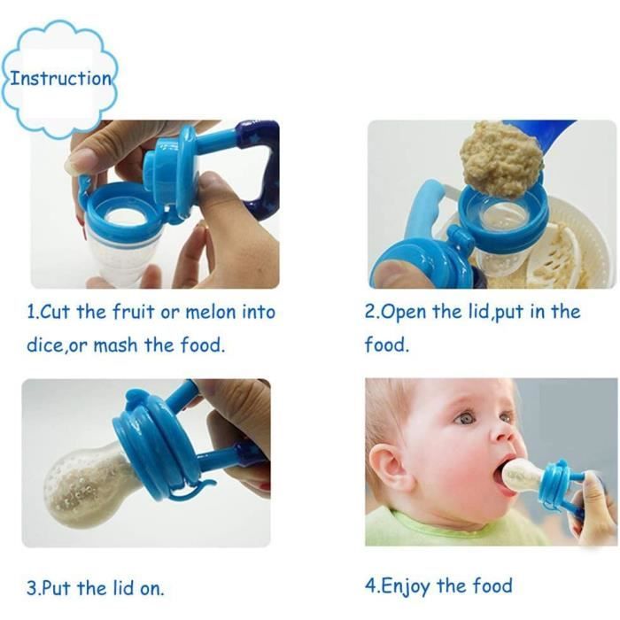 Grignoteuse Bébé Avec Anneau De Dentition Et 3 Têtes Interchangeables - Silicone, Sans BPA, Bleue