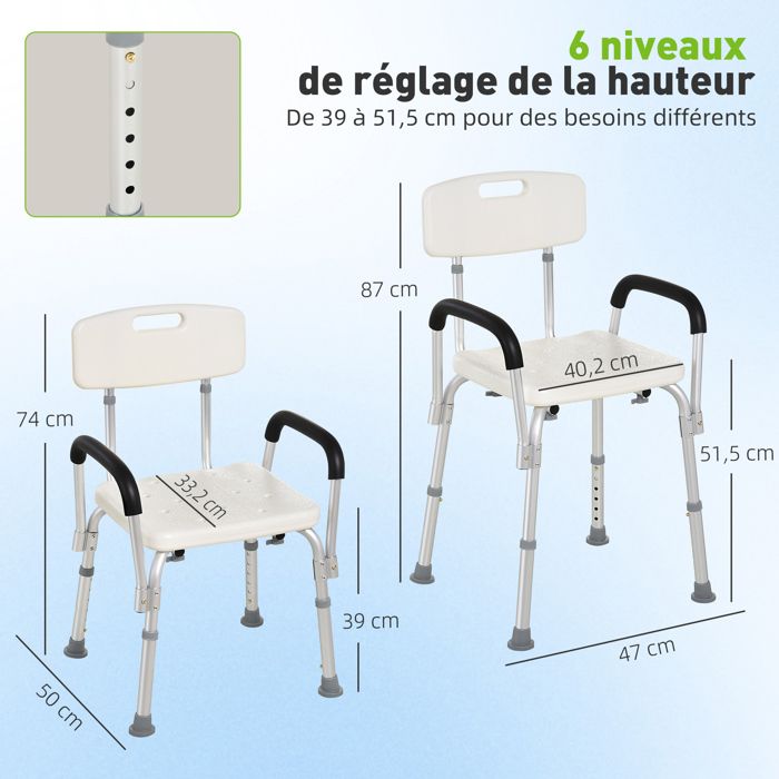HOMCOM Chaise De Douche Réglable En Hauteur De 16,7 Po. W Avec Pied Ventouse Bleu