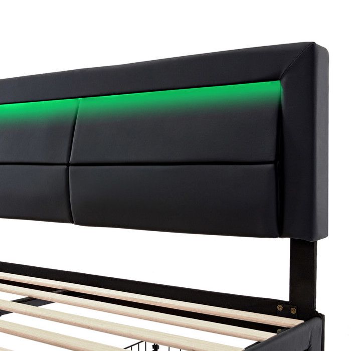 Lit 140x190 CM avec 4 Tiroirs - NHHF - avec LED et USB - Lit Coffre avec Rangement - 2 Personnes - en Métal - Gris - PU - Maison Lit 140x190 CM avec 4 Tiroirs - NHHF - avec LED et USB - Lit Coffre avec Rangement - 2 Personnes - en Métal - Gris - PU - Maison