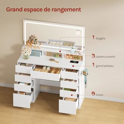 Afrodite - Coiffeuse avec lumière LED, tiroir, 3 étagères et prises, station de maquillage en bois blanc | Leroy Merlin Afrodite - Coiffeuse avec lumière LED, tiroir, 3 étagères et prises, station de maquillage en bois blanc | Leroy Merlin