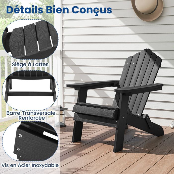 Chaise De Jardin Adirondack En Hdpe, Chaise D'extérieur Avec Accoudoirs Et Repose Pieds Noir Chaise De Jardin Adirondack En Hdpe, Chaise D'extérieur Avec Accoudoirs Et Repose Pieds Noir