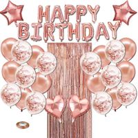 Anniversaire Décoration Kit Ballon Or Rose,Happy Birthday Guirlande Set avec Rideau à Franges,Birthday Décoration de Fête pour Fille