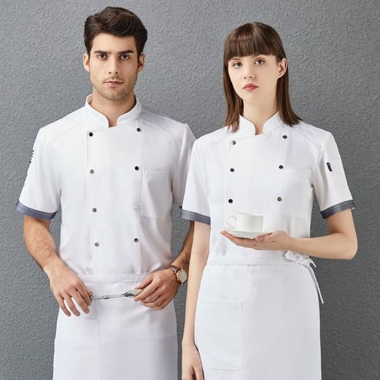 Veste De Cuisine Professionnelle Unisexe - Manches Courtes - Double Boutonnage - Pour Restaurant, Hôtel, Boucherie