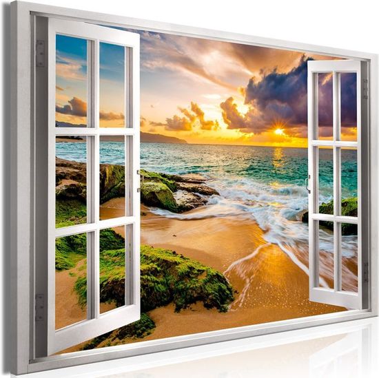 Feeby - Tableau sur Toile - Decoration Murale Peinture - Coucher de soleil sur la plage Paysage - 100x50 1partie - Tableaux chambre à coucher - Decoration Chambre - Impression sur Toile