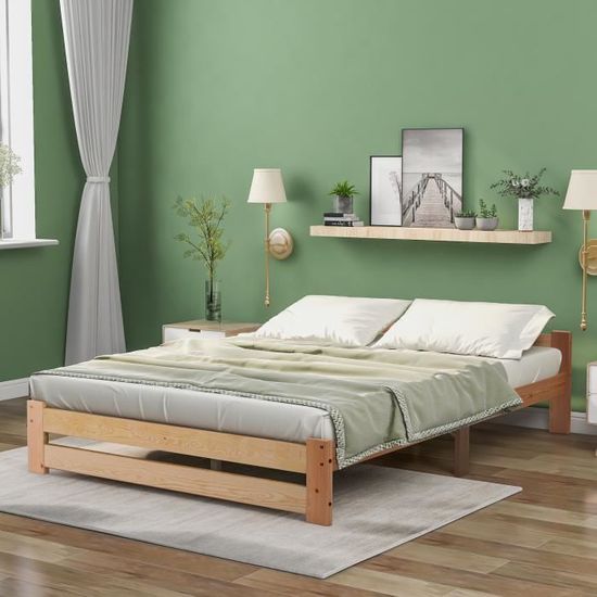 lit double 2 places en bois massif pour adulte 200x140 cm lit avec tete et sommier a lattes naturel cdiscount maison