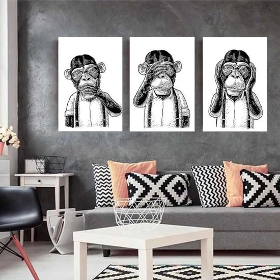 Tableau Abstrait Sur Toile 'Trois Singes' - Décoration Murale Moderne Pour Salon, Chambre