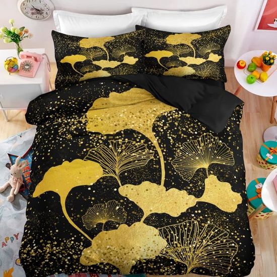 Housse De Couette 220x240 Cm + 2 Taies 65x65 Cm En Microfibre Douce - Motif Feuille De Ginkgo - Fermeture éclair Et Attaches