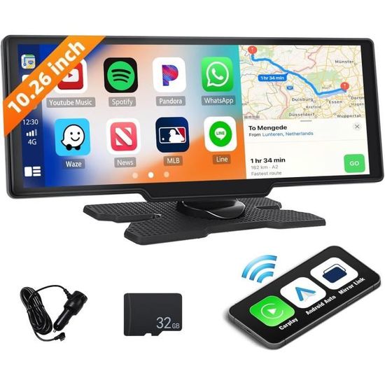 Écran Tactile CarPlay & Android Auto 10.26" - Avec Dashcam Intégrée, Bluetooth 5.0, WiFi - Fixation Adhésive