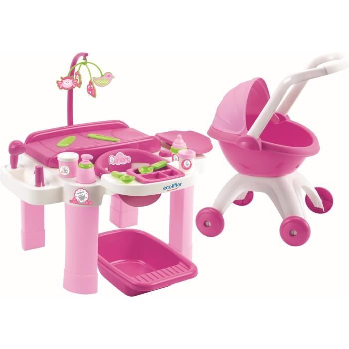 Landau Pour Poupée Ecoiffier - Rose - Capote Réglable 2 Positions - Pour Poupées Jusqu'à 32 Cm - Dès 18 Mois - Fabriqué En France