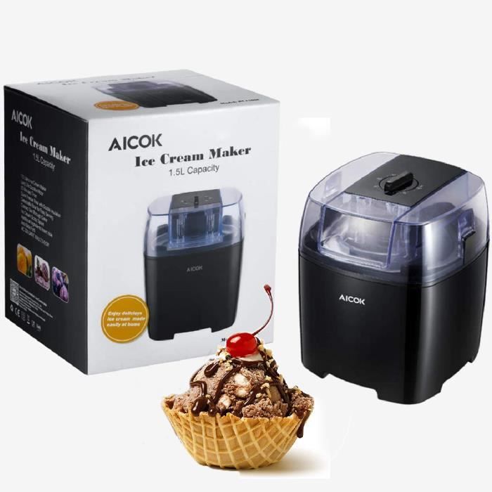 AICOK Sorbetière Electrique avec Recettes- 1.5L- Préparation en 15-30Mins- Glacée Turbine à Glace- Machine à Crème/Yaourt Glacé