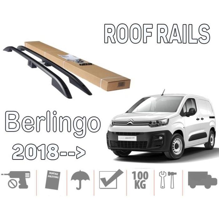Barres de toit pour Citroen Berlingo III 09-2018> court longitudinales noir alu + pieds plastique noir