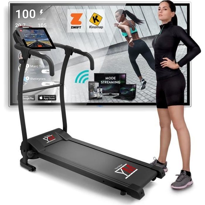 Tapis de Course Électrique Pliable YOUR MOVE mod. TAP 100, Bluetooth + APP KINOMAP et ZWIFT, Capteur Cardiaque, 12 Programmes, YM